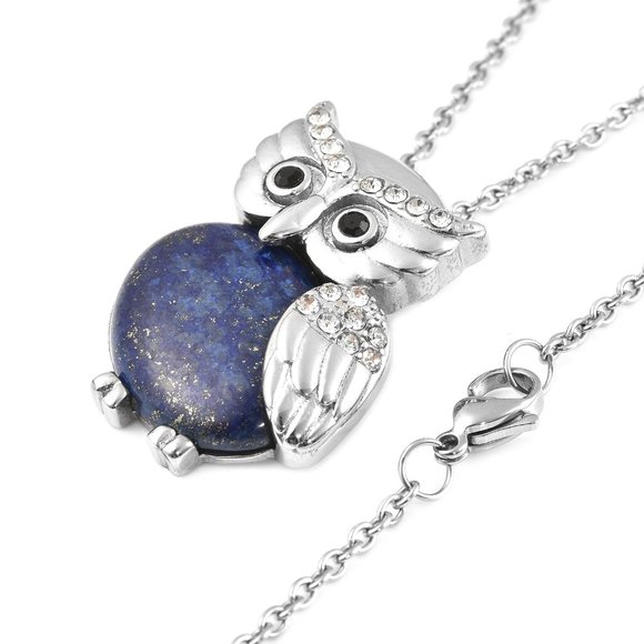 Lapis Lazuli, White and Black Austrian Crystal Owl Pendant Necklace - Picture 2 of 5